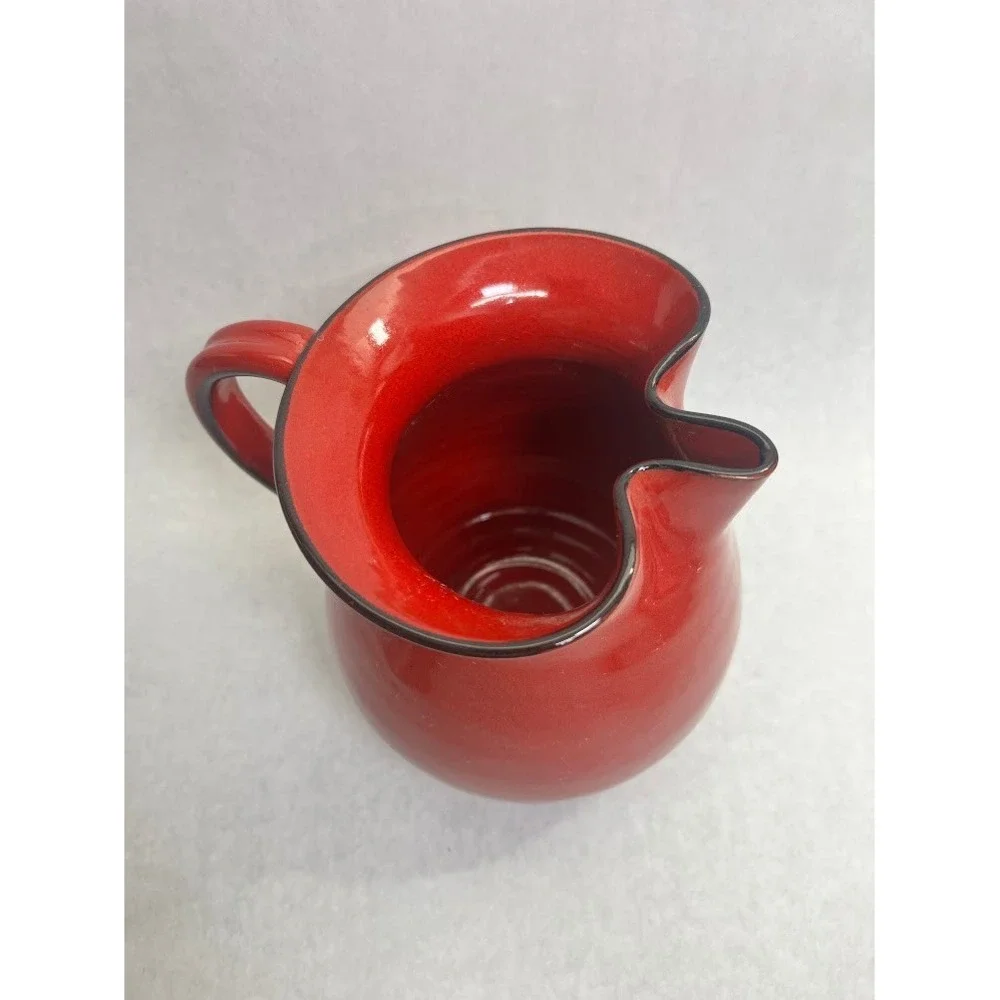 Handmade Red Glazed Ceramic Pitcher Pinched Spout Signed M Ro Studio Pottery